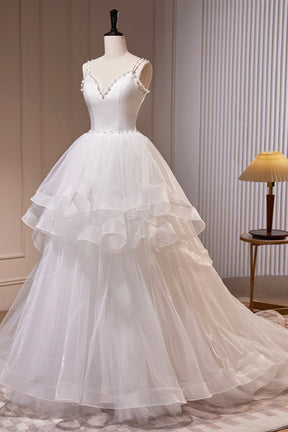 White V-Neck Tulle Long Prom Dress, A-Line Evening Dress with Train