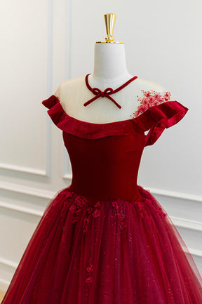 Burgundy Velvet Tulle Floor Length Prom Dress, Lovely Evening Party Dress