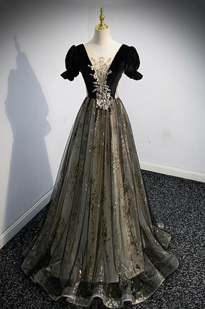 Black Tulle Sequins Long Prom Dress, Black A-Line Formal Evening Dress