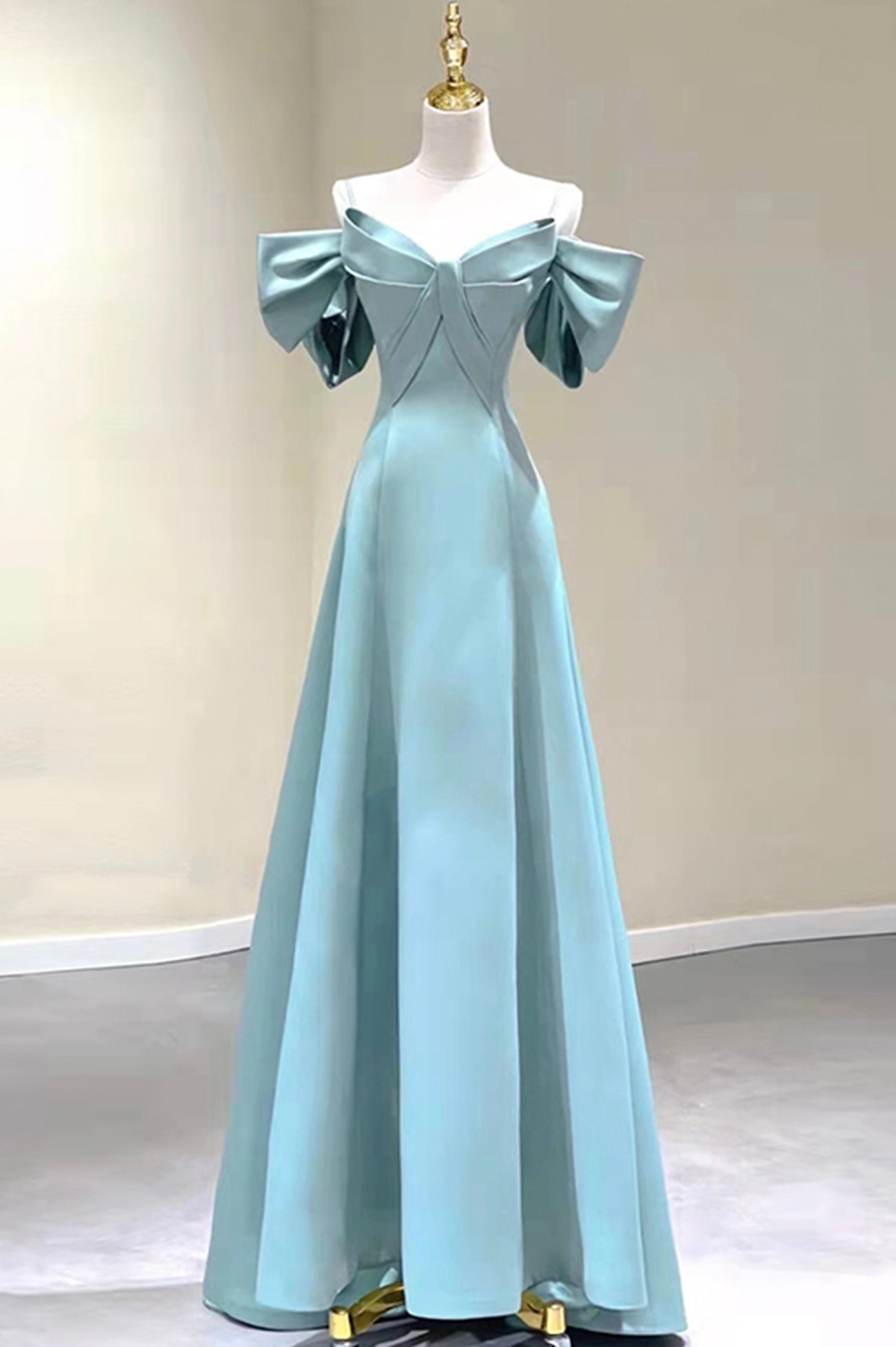 Blue Satin Long A-Line Prom Dress, Unique Spaghetti Straps Evening Dress