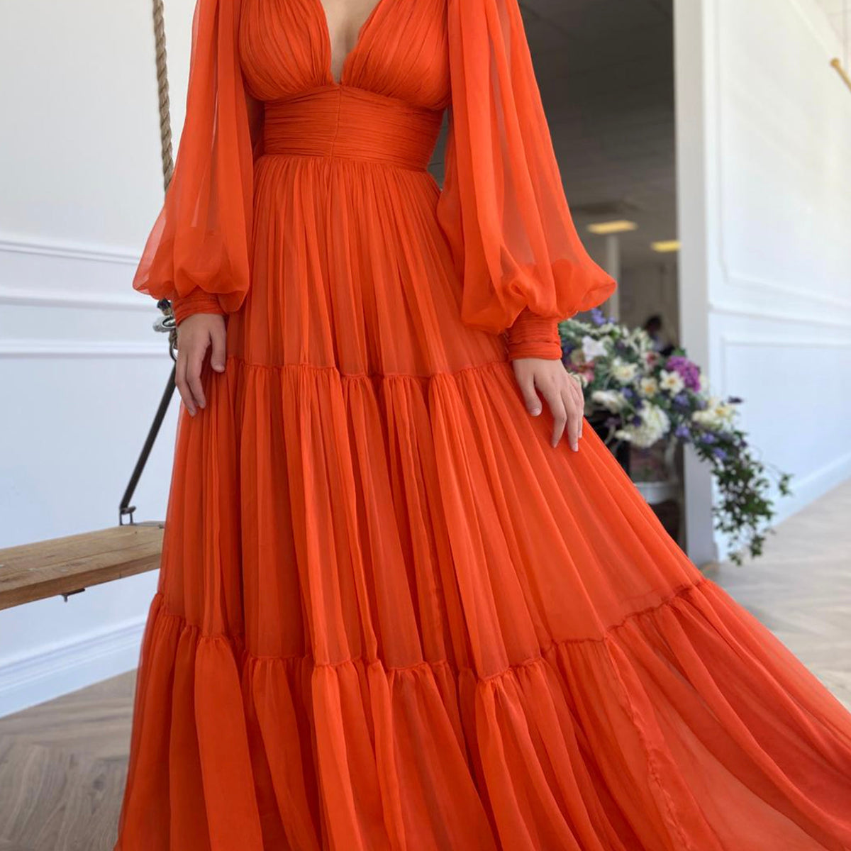 orange long sleeve hoco dress Orange Chiffon Floor Length Prom Dress, Long Sleeve Evening Party Dres