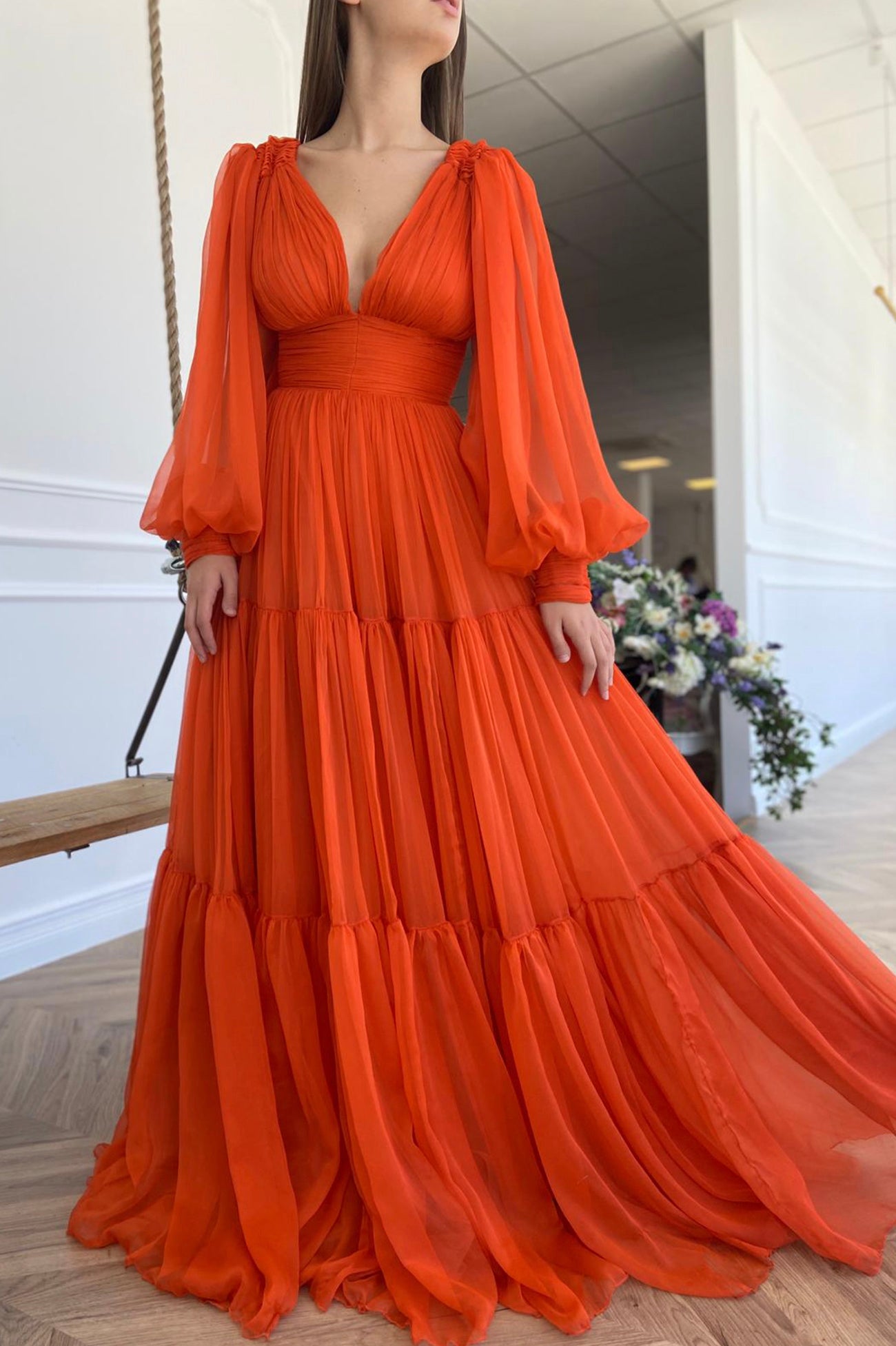 Orange Chiffon Floor Length Prom Dress, Long Sleeve Evening Party Dress