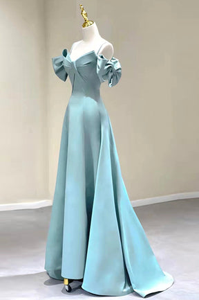 Blue Satin Long A-Line Prom Dress, Unique Spaghetti Straps Evening Dress