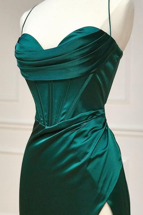 Green Satin Long Prom Dress, Simple Lace-Up Evening Party Dress