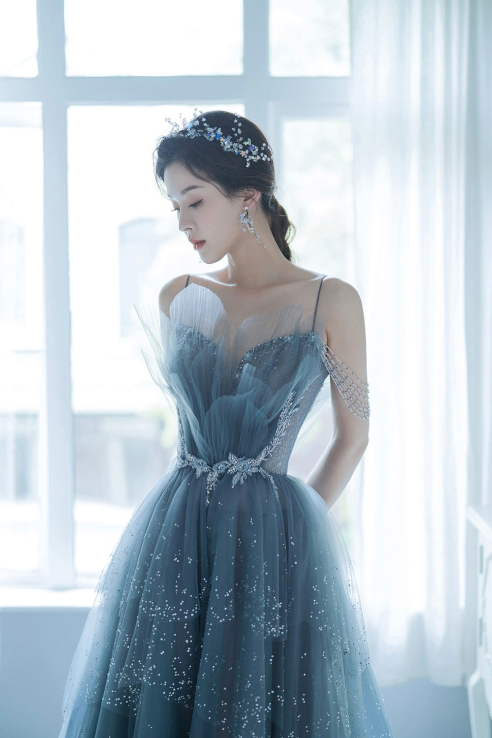 Korean kpop idol wearing icy blue dress with flowers on Craiyon