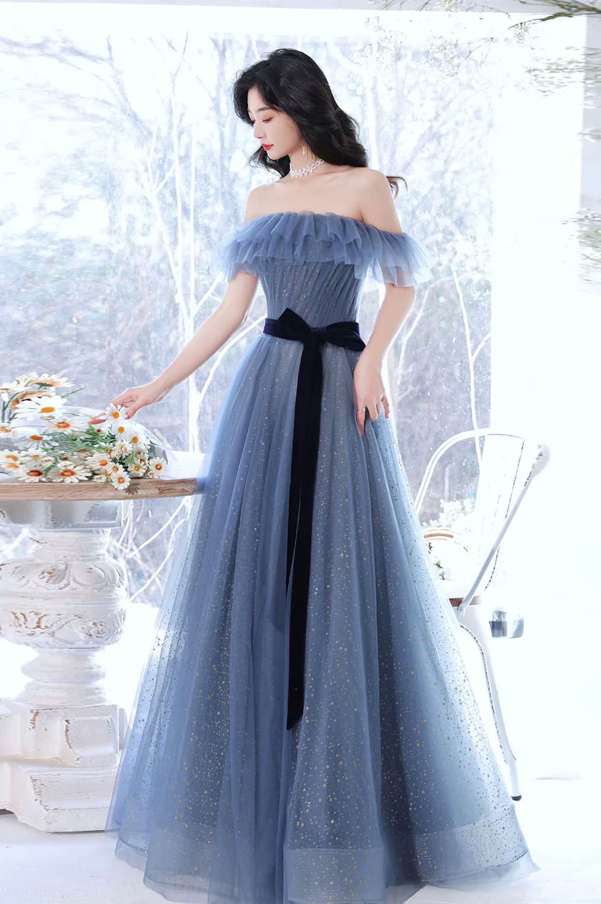 Blue Tulle Off Shoulder Long Formal Dress with Bow, A-Line Evening Gown