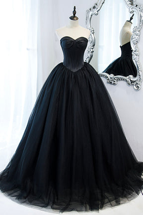 Black Strapless Tulle Long A-Line Prom Dress, Black Formal Evening Gown