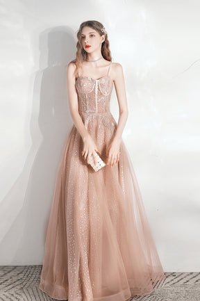 Pink Tulle Long A-Line Evening Party Dress, Cute Pink Prom Dress