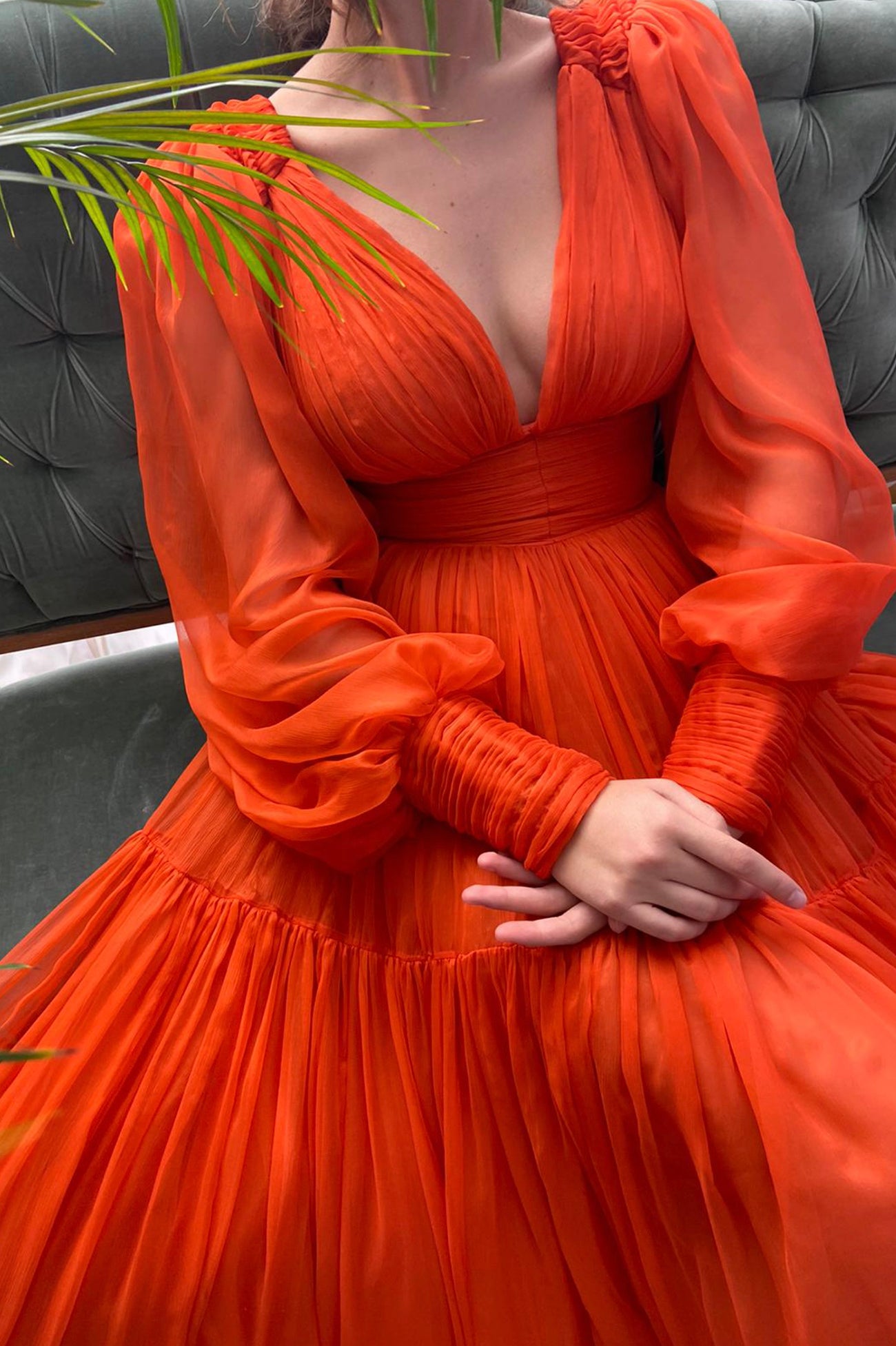 Orange Chiffon Floor Length Prom Dress, Long Sleeve Evening Party Dres Orange Chiffon Floor Length Prom Dress, Long Sleeve Evening Party Dres