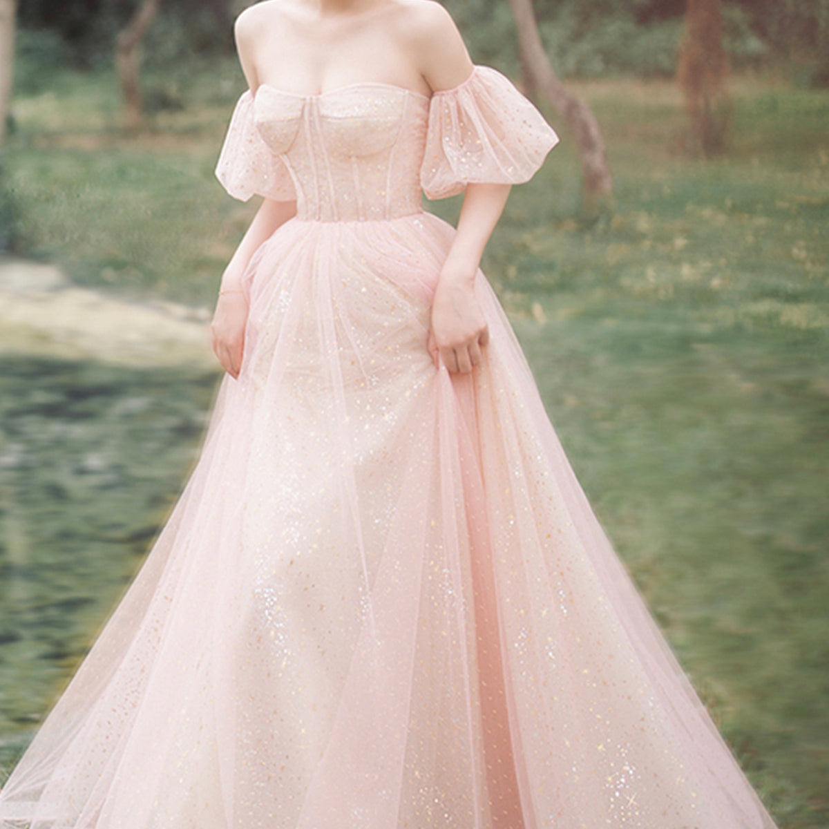 Pink Tulle Off the Shoulder Prom Dress, Cute A-Line Graduation Dress