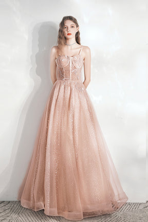 Pink Tulle Long A-Line Evening Party Dress, Cute Pink Prom Dress