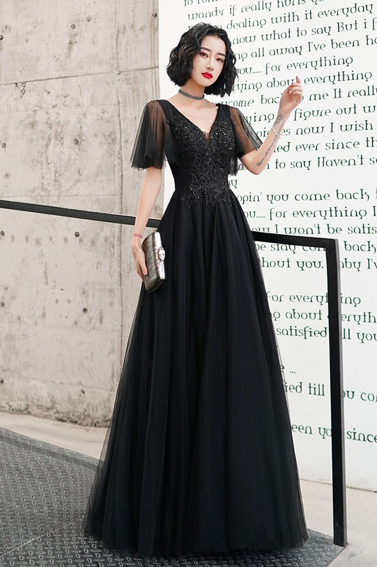 Black V-Neck Tulle Long Prom Dress, Black A-Line Formal Evening Dress