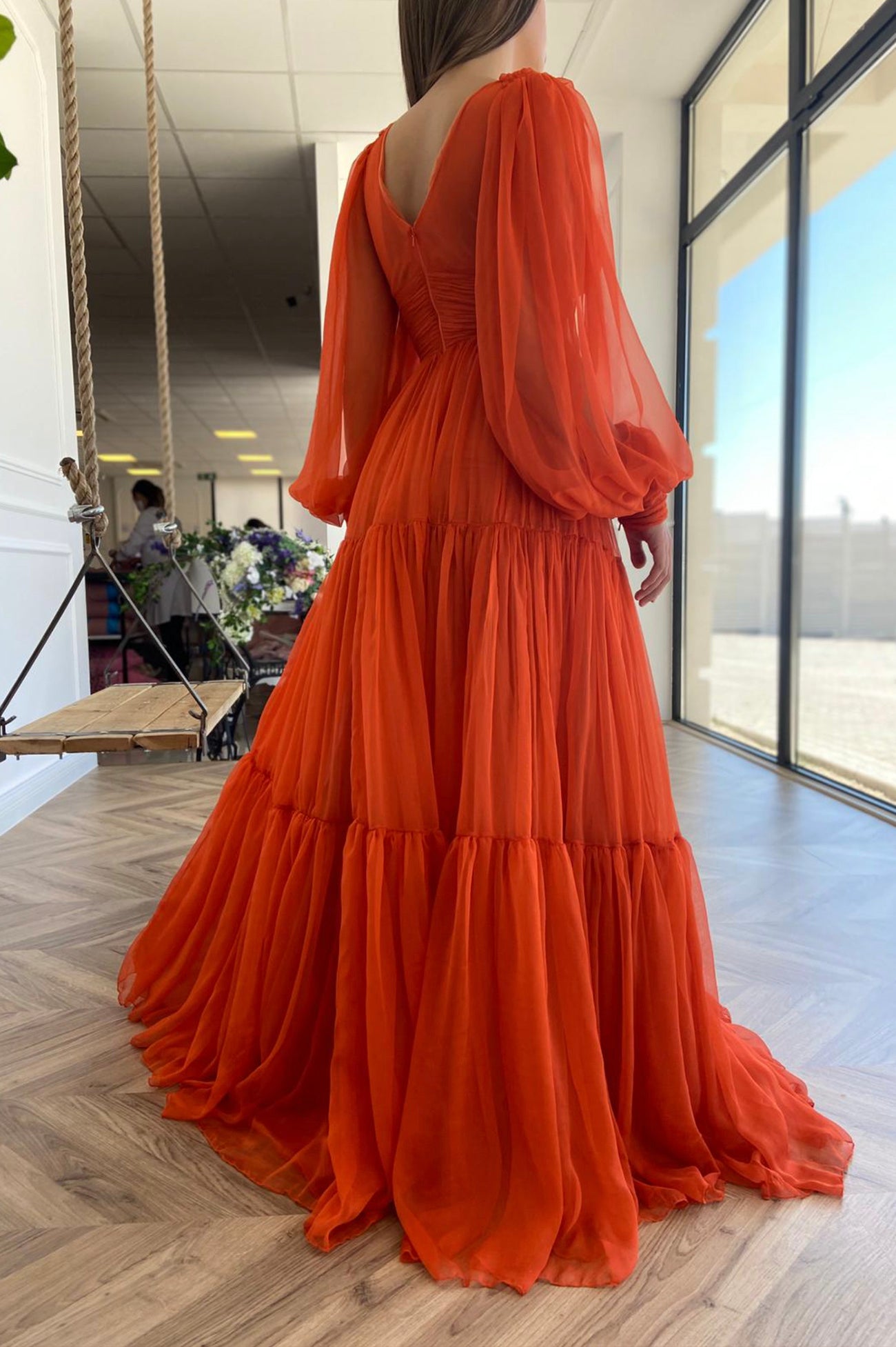 Orange Chiffon Floor Length Prom Dress, Long Sleeve Evening Party Dress