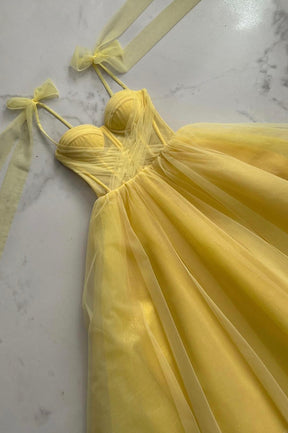 Yellow Tulle Long A-Line Evening Dress, Cute Spaghetti Strap Prom Dress