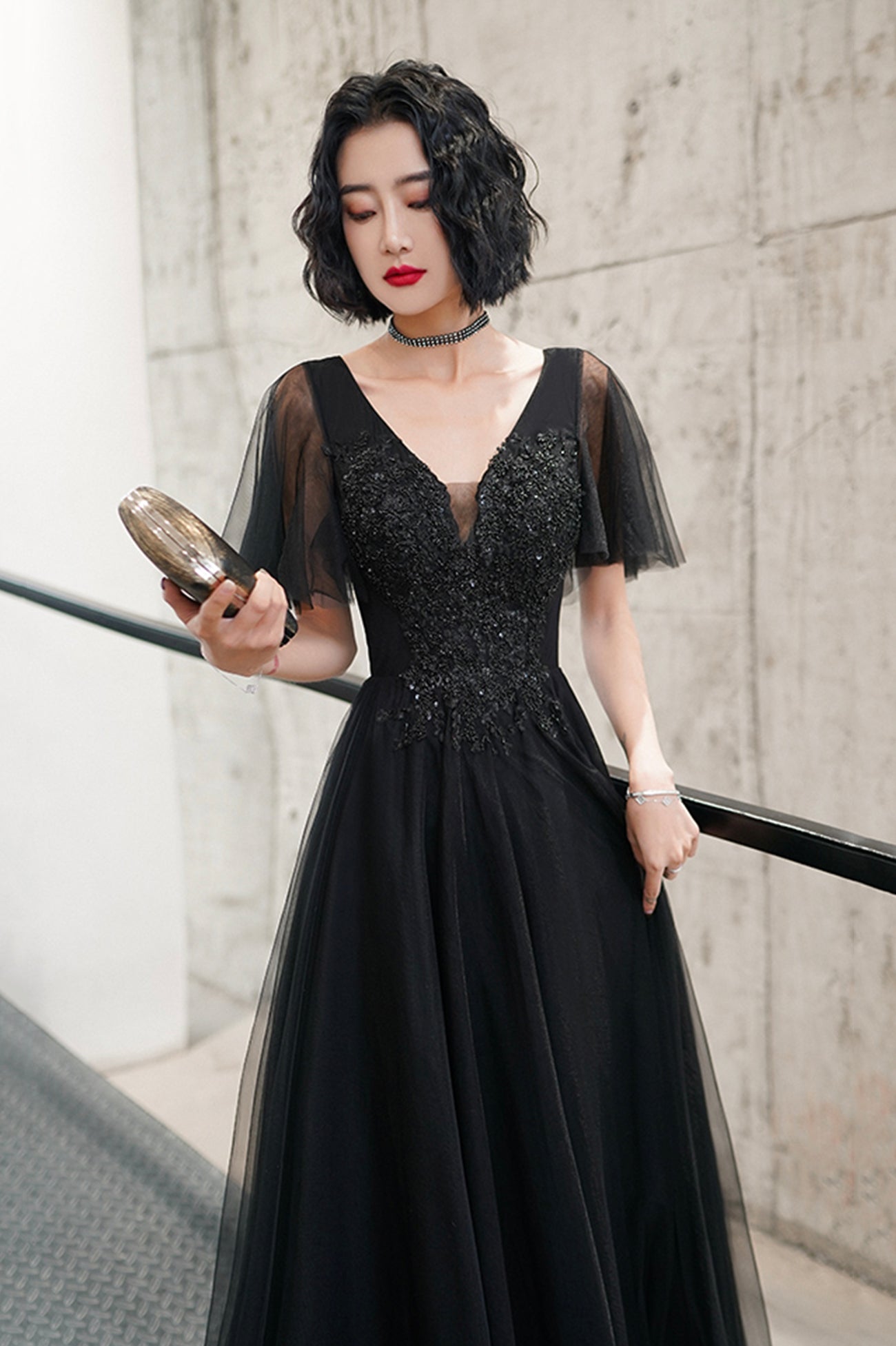 Black V-Neck Tulle Long Prom Dress, Black A-Line Formal Evening Dress