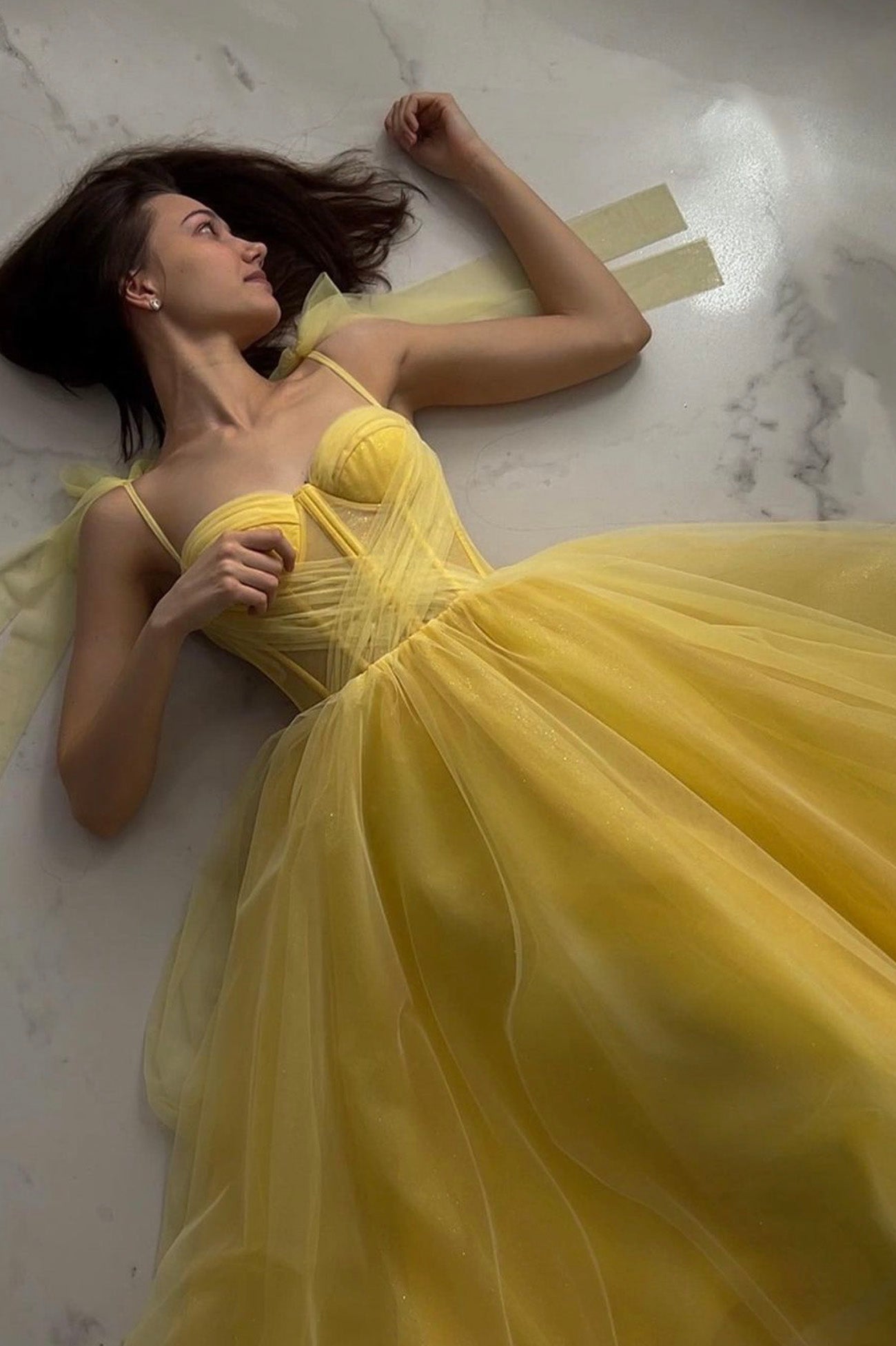 Yellow Tulle Long A-Line Evening Dress, Cute Spaghetti Strap Prom Dres Yellow Tulle Long A-Line Evening Dress, Cute Spaghetti Strap Prom Dres