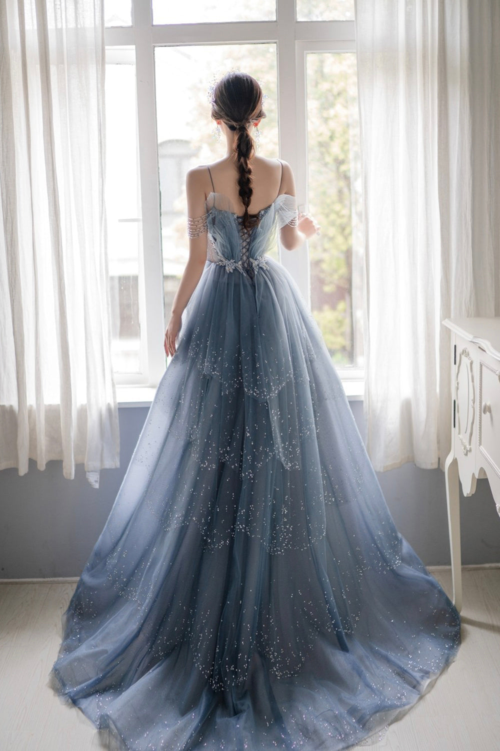 Blue Tulle Beaded Long A-Line Prom Dress, Blue Formal Evening Gown