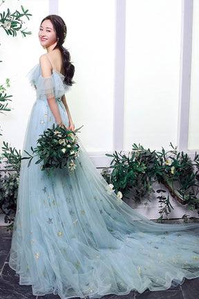 Blue Tulle Long A-Line Prom Dress with Stars, Off the Shoulder Evening Party Dress