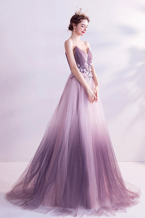Purple V-Neck Gradient Tulle Long Prom Dress, A-Line Evening Party Dress