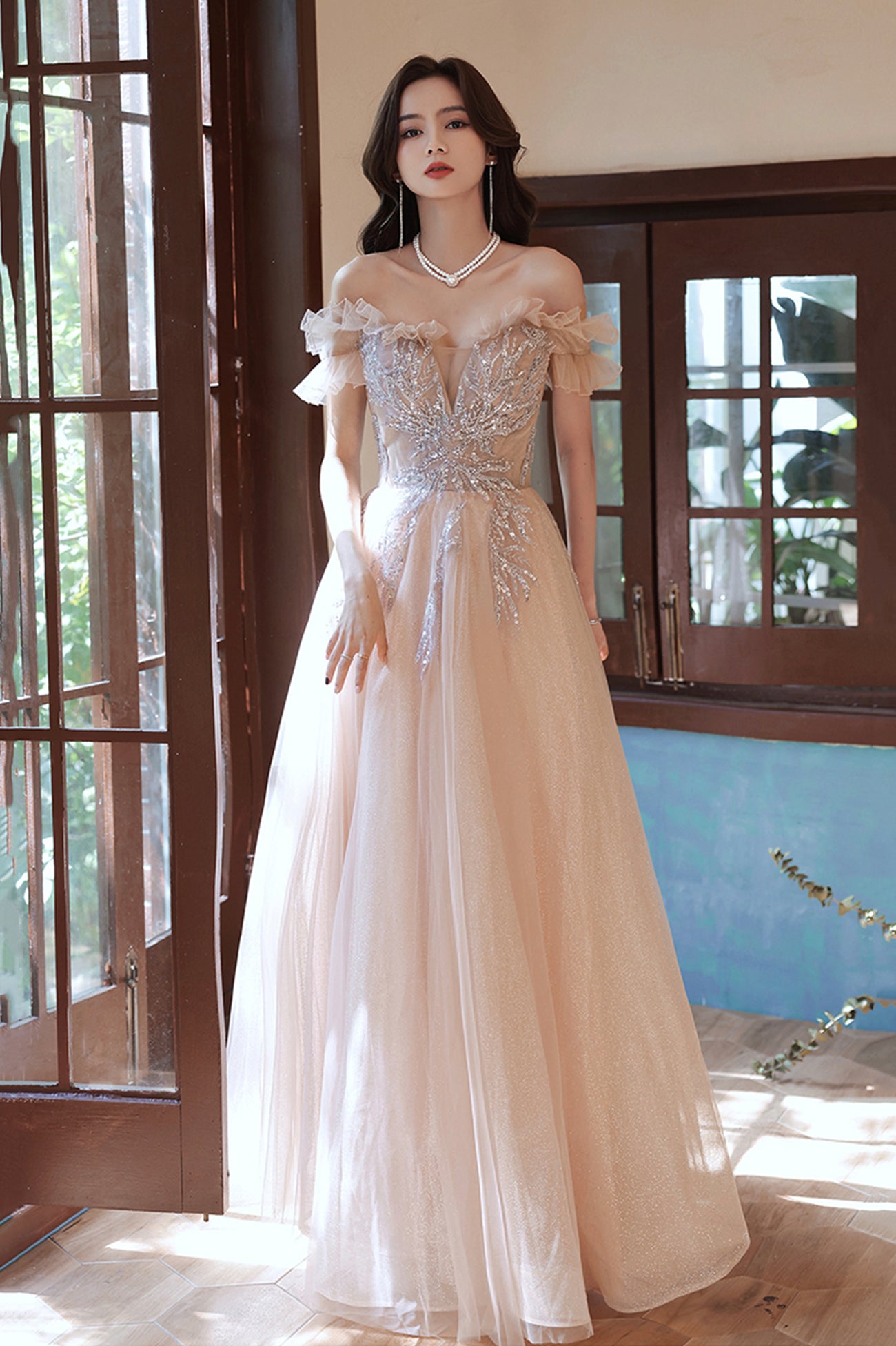 Off the Shoulder Tulle Beaded Long Prom Dress, A-Line Evening Party Dress