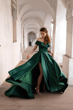 A Line V Neck Emerald Green Satin Prom Dresses, Emerald Green V Neck Formal  Graduation Dresses