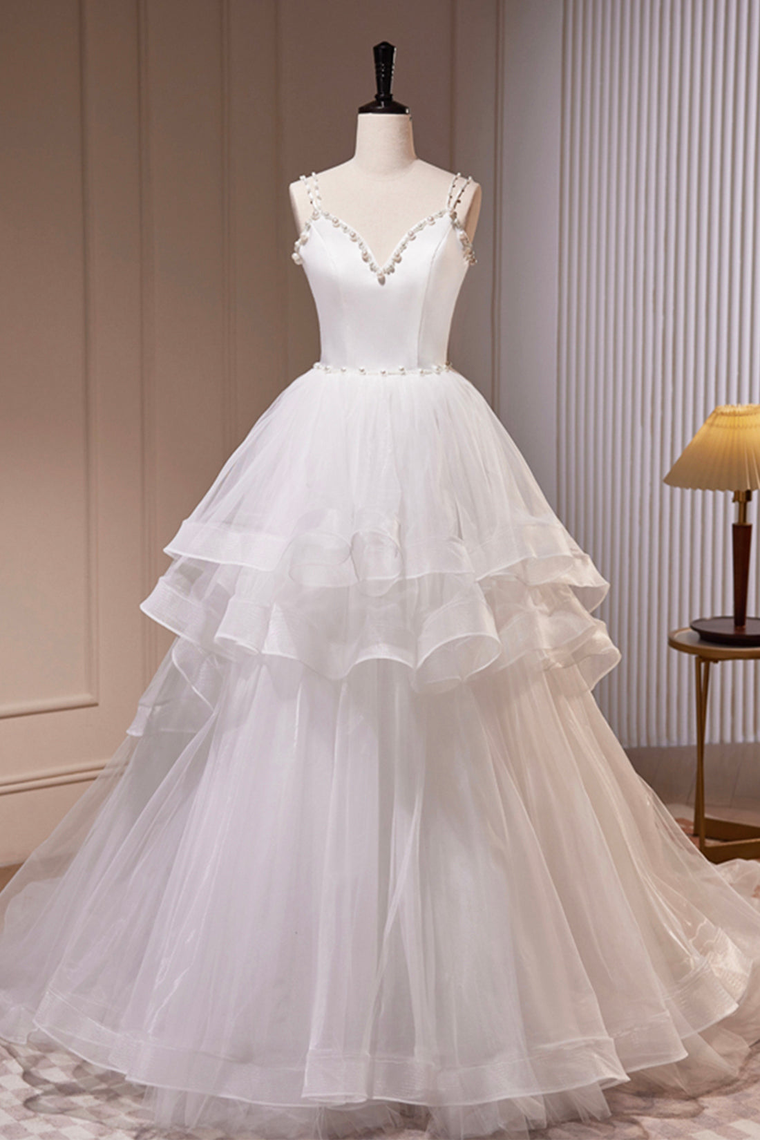 White V-Neck Tulle Long Prom Dress, A-Line Evening Dress with Train
