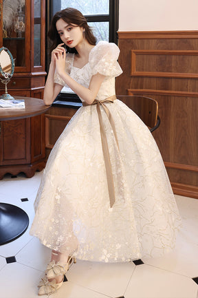 White Tulle Knee Length Prom Dress, Cute Short Sleeve Homecoming Dress