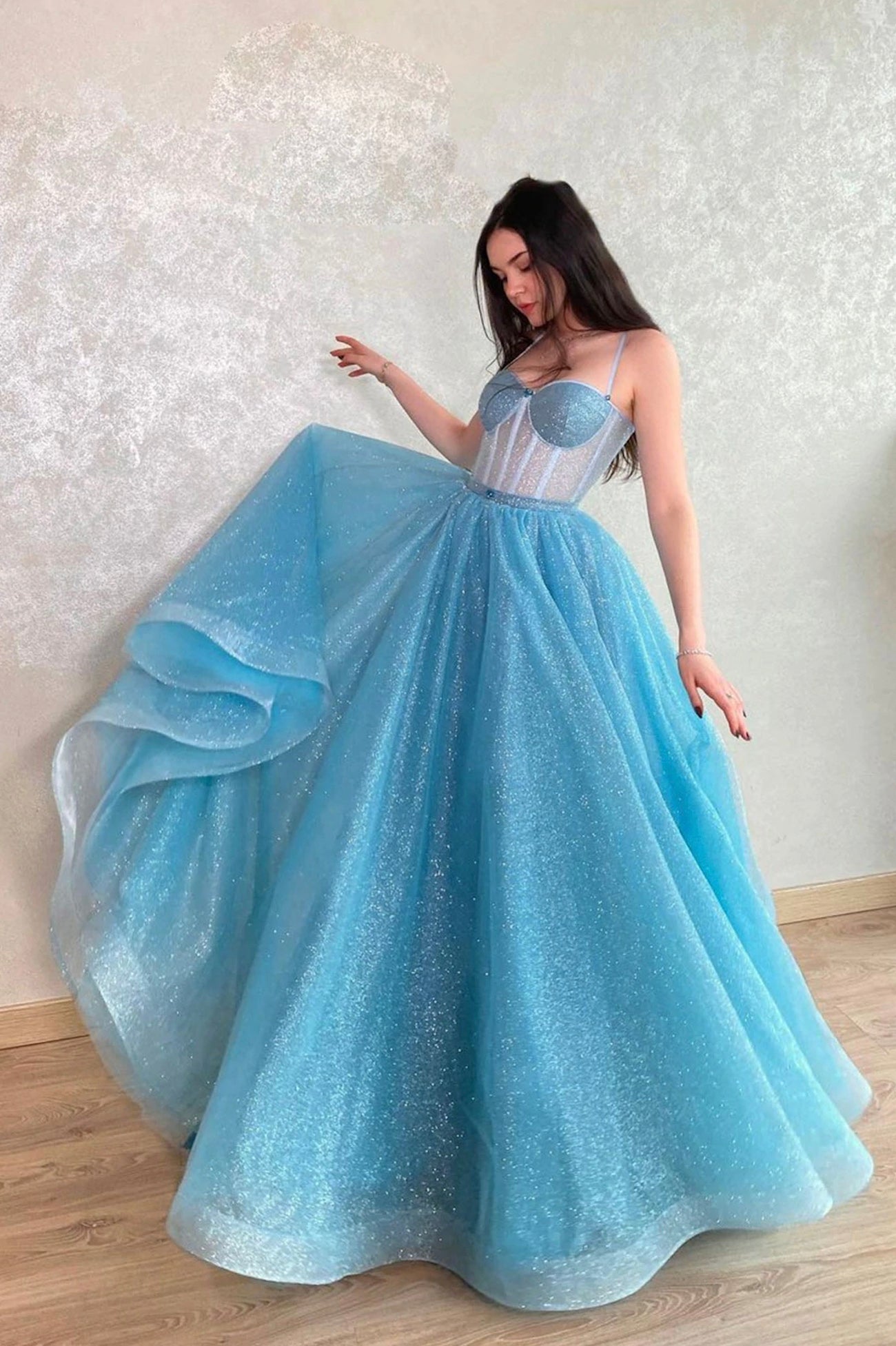 Blue Tulle Long A-Line Prom Dress, Blue Lace-Up Evening Dress with Corset