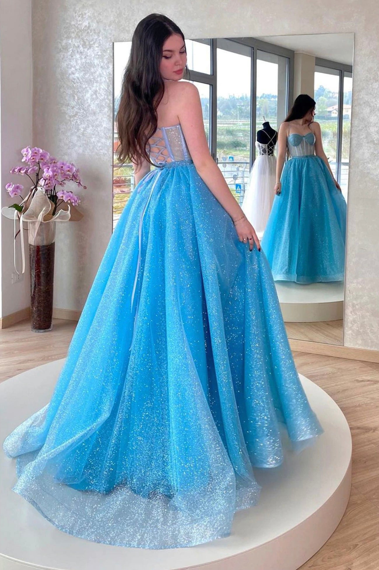 Blue Tulle Long A-Line Prom Dress, Blue Lace-Up Evening Dress with Cor Blue Tulle Long A-Line Prom Dress, Blue Lace-Up Evening Dress with Cor