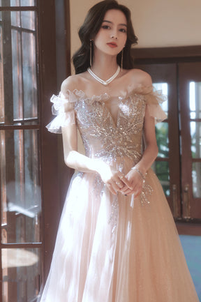 Off the Shoulder Tulle Beaded Long Prom Dress, A-Line Evening Party Dress