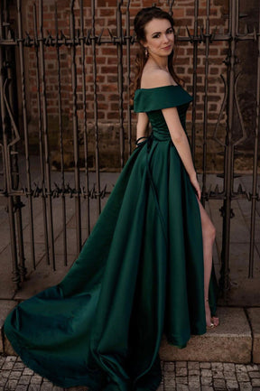 Green Satin Long A-Line Prom Dress, Off the Shoulder Evening Dress with Slit