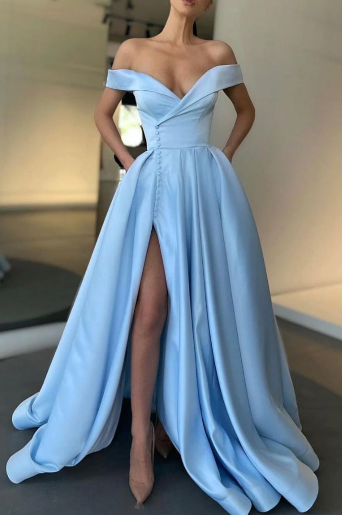 Blue Satin Long A-Line Prom Dress, Simple Blue Evening Dress with Slit
