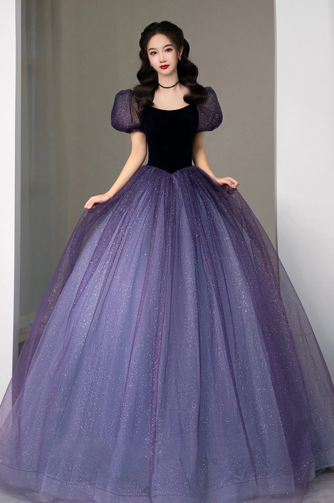 Purple Tulle Long Princess Dress, Cute Short Sleeve Formal Evening Dre Purple Tulle Long Princess Dress, Cute Short Sleeve Formal Evening Dre
