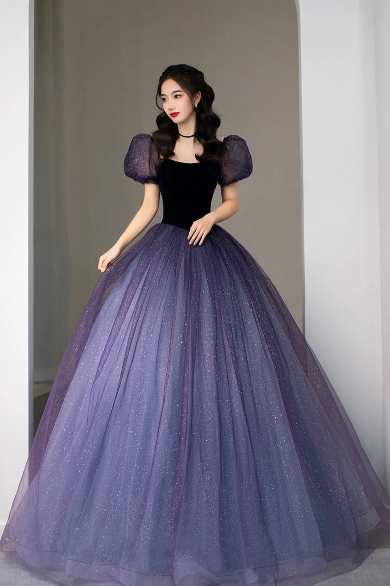 Purple Tulle Long Princess Dress, Cute Short Sleeve Formal Evening Dre