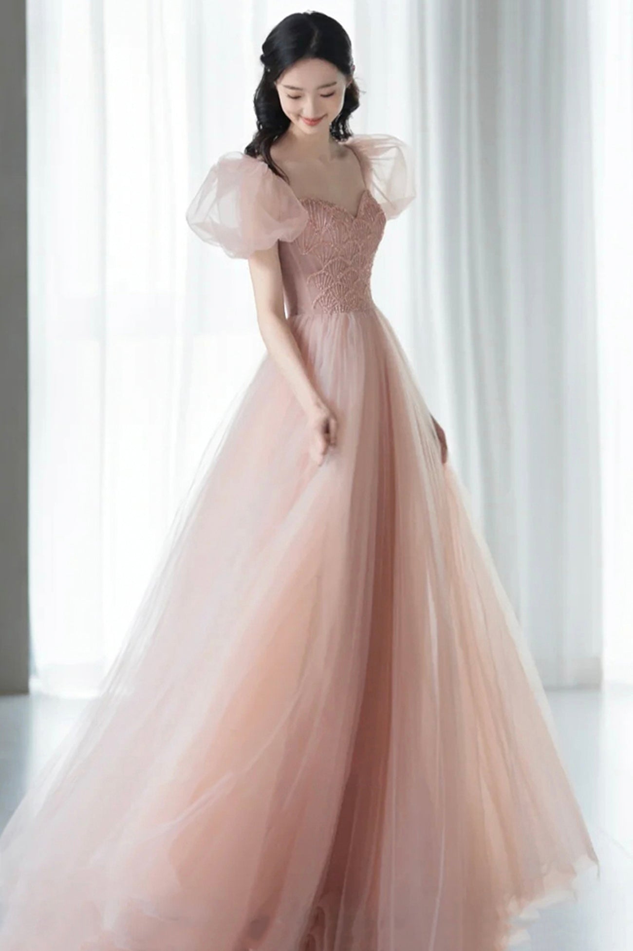 Pink Tulle Long A-Line Prom Dress with Beaded, Lovely Puff Sleeve Evening Dress