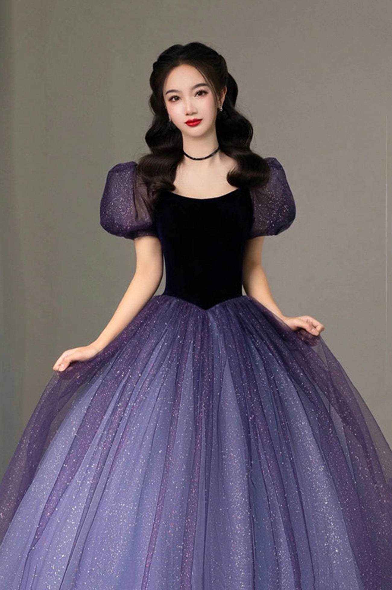 Purple Tulle Long Princess Dress, Cute Short Sleeve Formal Evening Dress