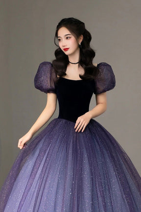 Purple Tulle Long Princess Dress, Cute Short Sleeve Formal Evening Dress