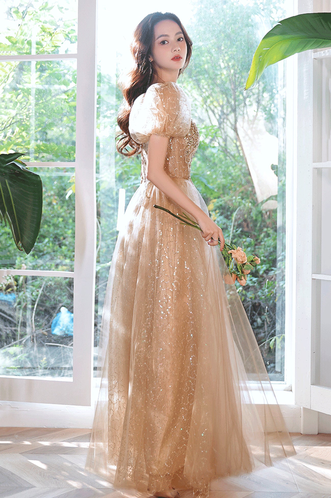 Shiny Tulle Sequins Long Prom Dress, Champagne A-Line Evening Party Dress