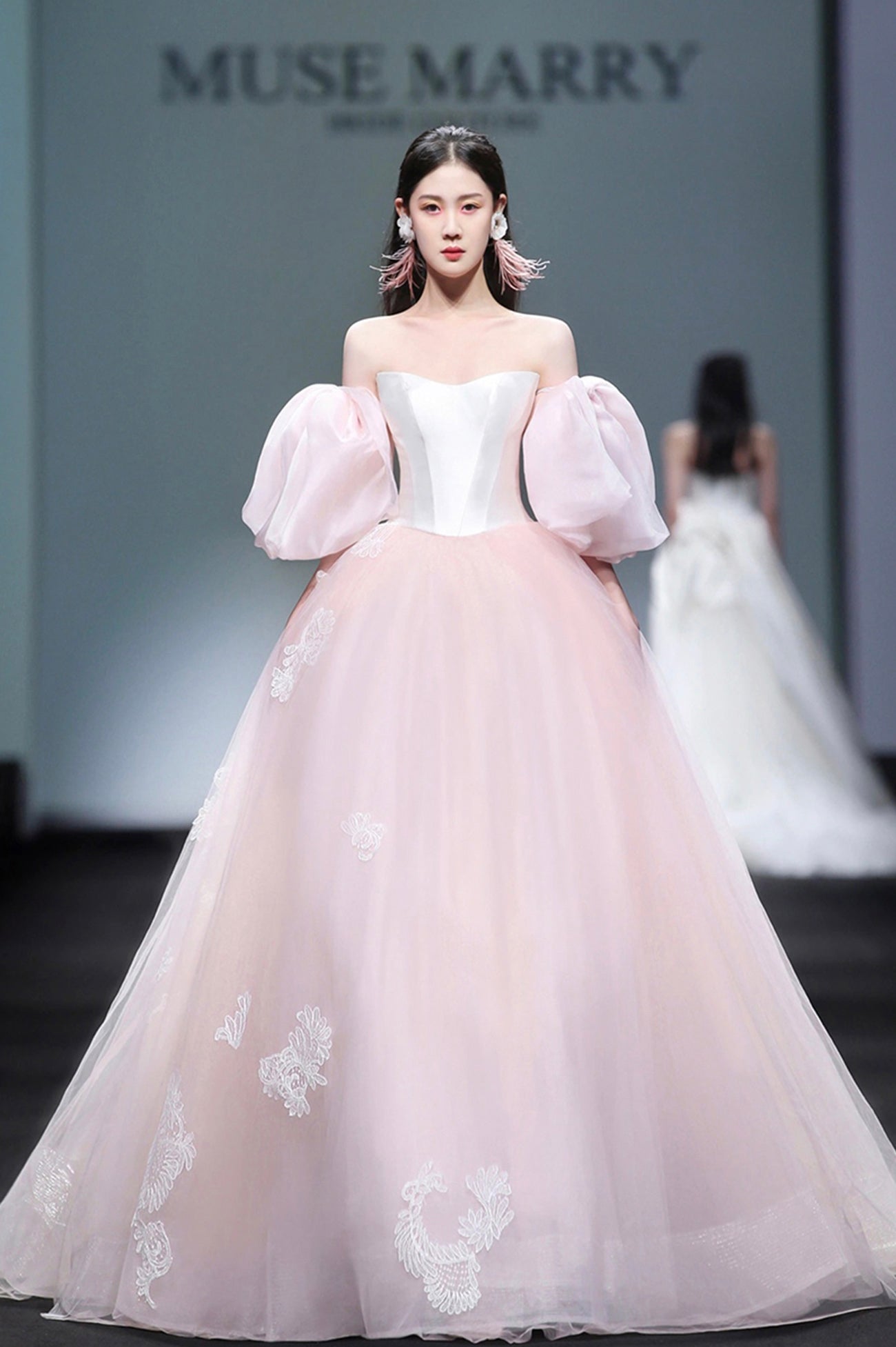 Pink Tulle Lace Long A-Line Princess Dress, Cute Puff Sleeve Sweet 16 Pink Tulle Lace Long A-Line Princess Dress, Cute Puff Sleeve Sweet 16