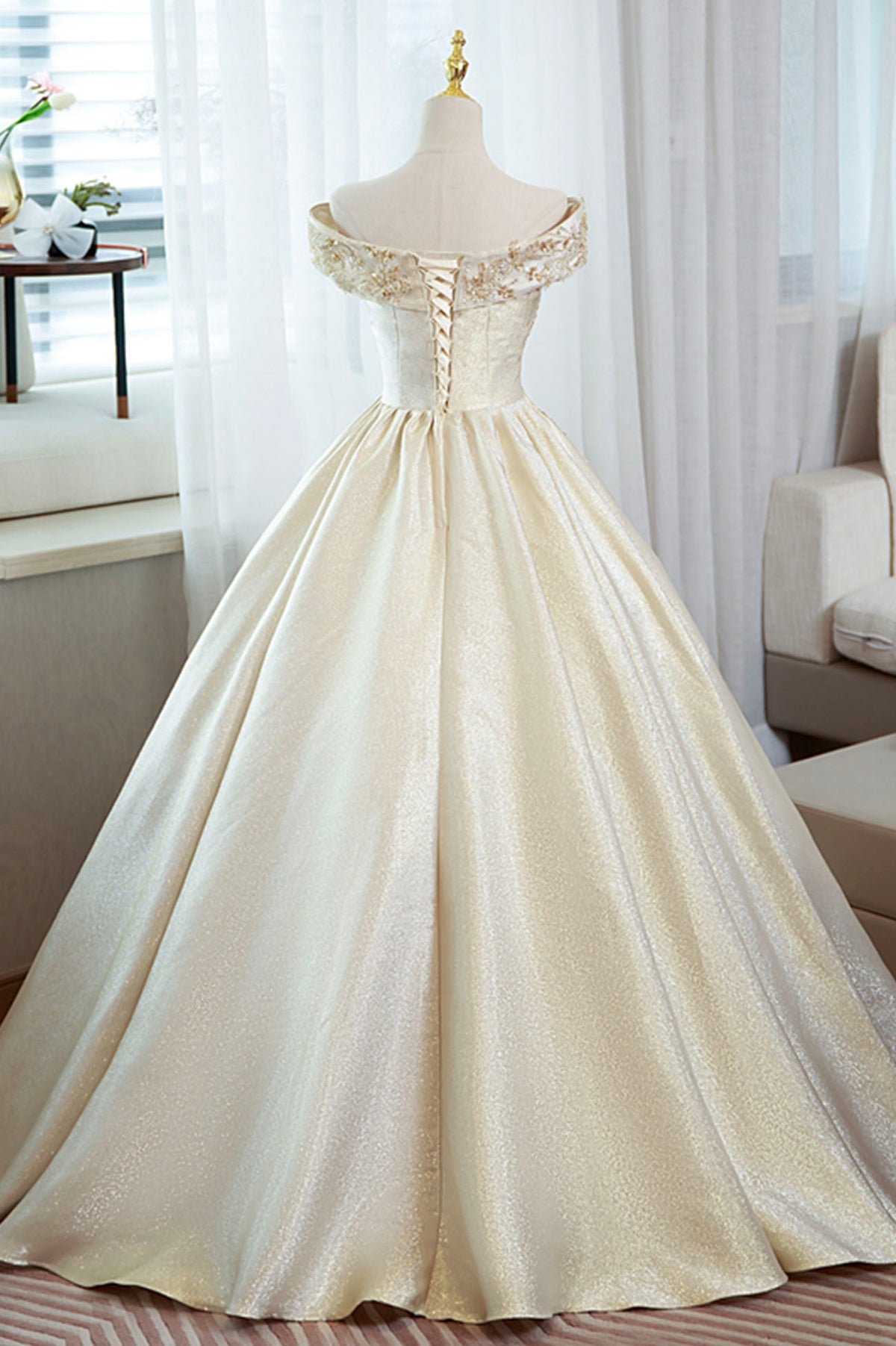 Champagne Satin Long Prom Dress with Beaded, V-Neck Evening Party Dres