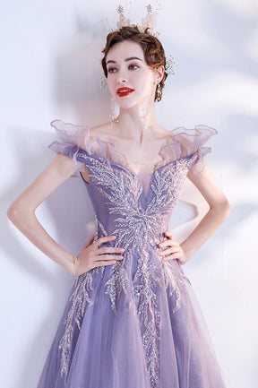 Purple Tulle Long A-Line Prom Dress with Sequins, Off the Shoulder Party Dress
