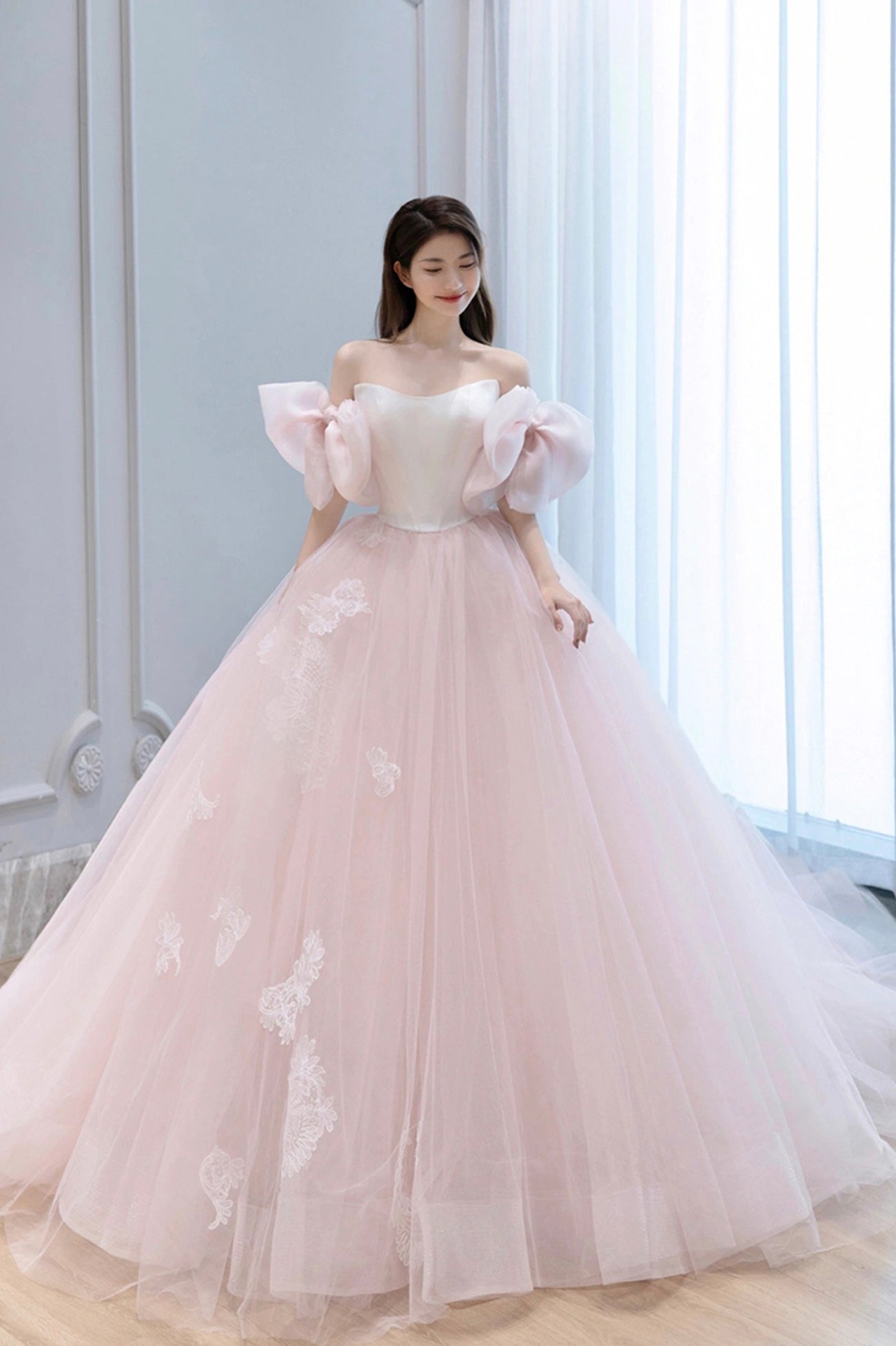 Pink Tulle Lace Long A-Line Princess Dress, Cute Puff Sleeve Sweet 16 Pink Tulle Lace Long A-Line Princess Dress, Cute Puff Sleeve Sweet 16