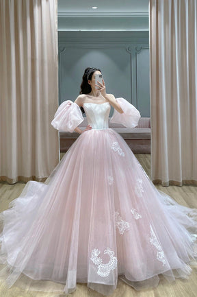 Pink Tulle Lace Long A-Line Princess Dress, Cute Puff Sleeve Sweet 16 Pink Tulle Lace Long A-Line Princess Dress, Cute Puff Sleeve Sweet 16