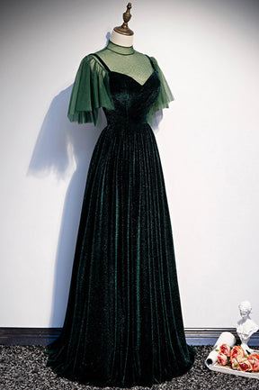 Green Velvet Long A-Line Prom Dress, Green Formal Evening Dress