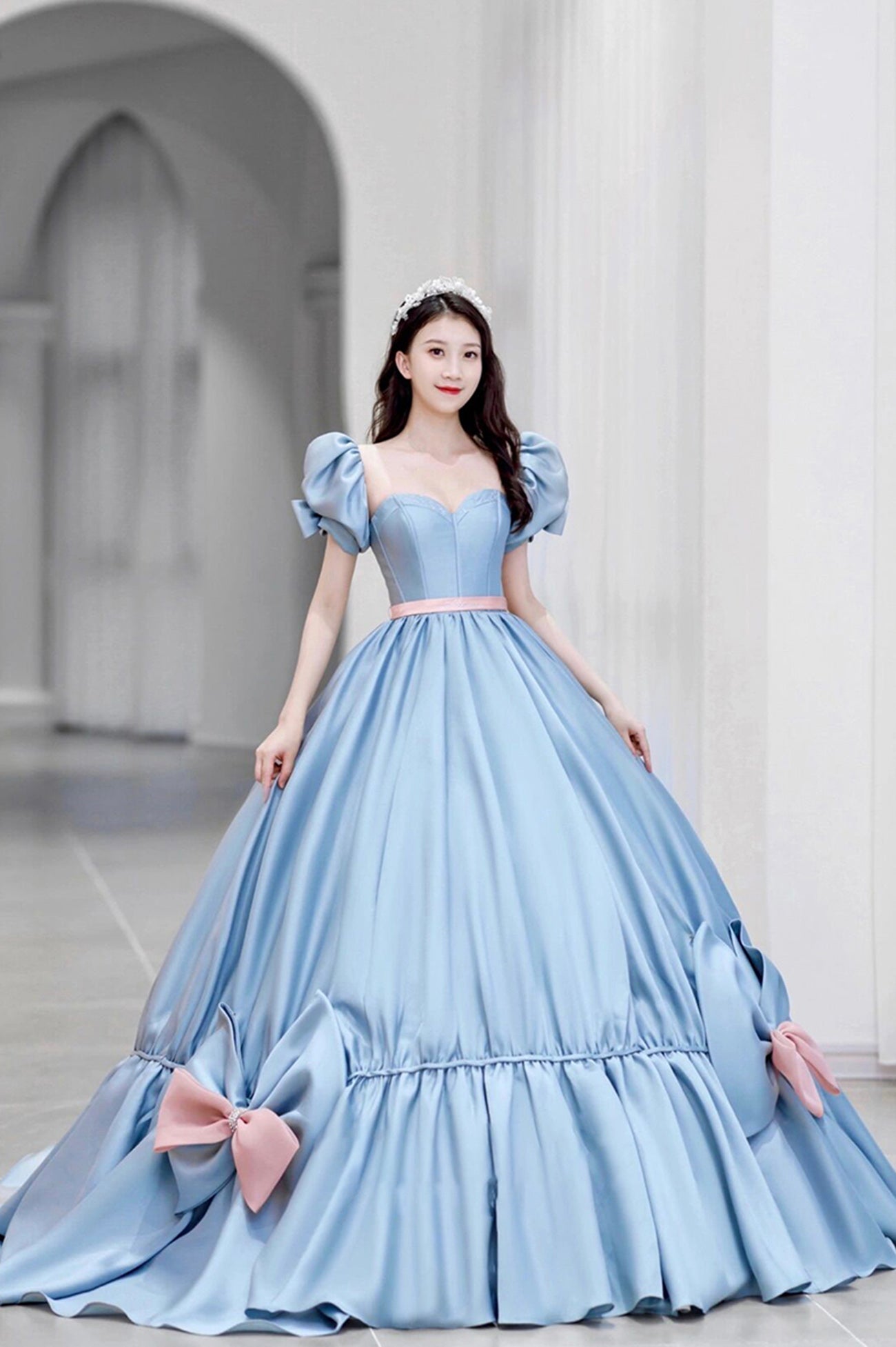 Blue Satin Long Princess Dress, Cute Short Sleeve Ball Gown Sweet 16 Dress