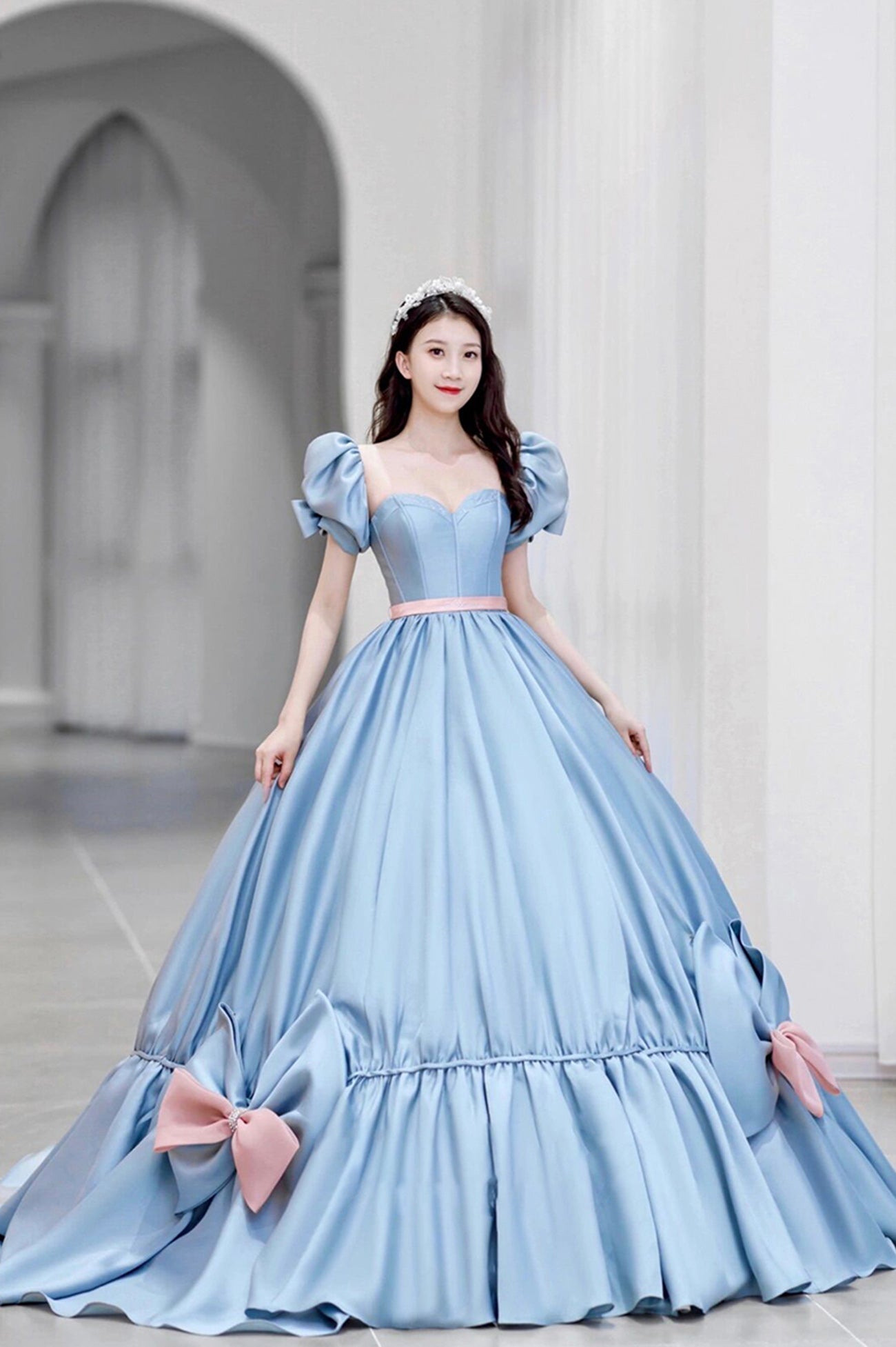 Blue Satin Long Princess Dress, Cute Short Sleeve Ball Gown Sweet 16 D Blue Satin Long Princess Dress, Cute Short Sleeve Ball Gown Sweet 16 D