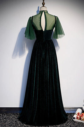 Green Velvet Long A-Line Prom Dress, Green Formal Evening Dress