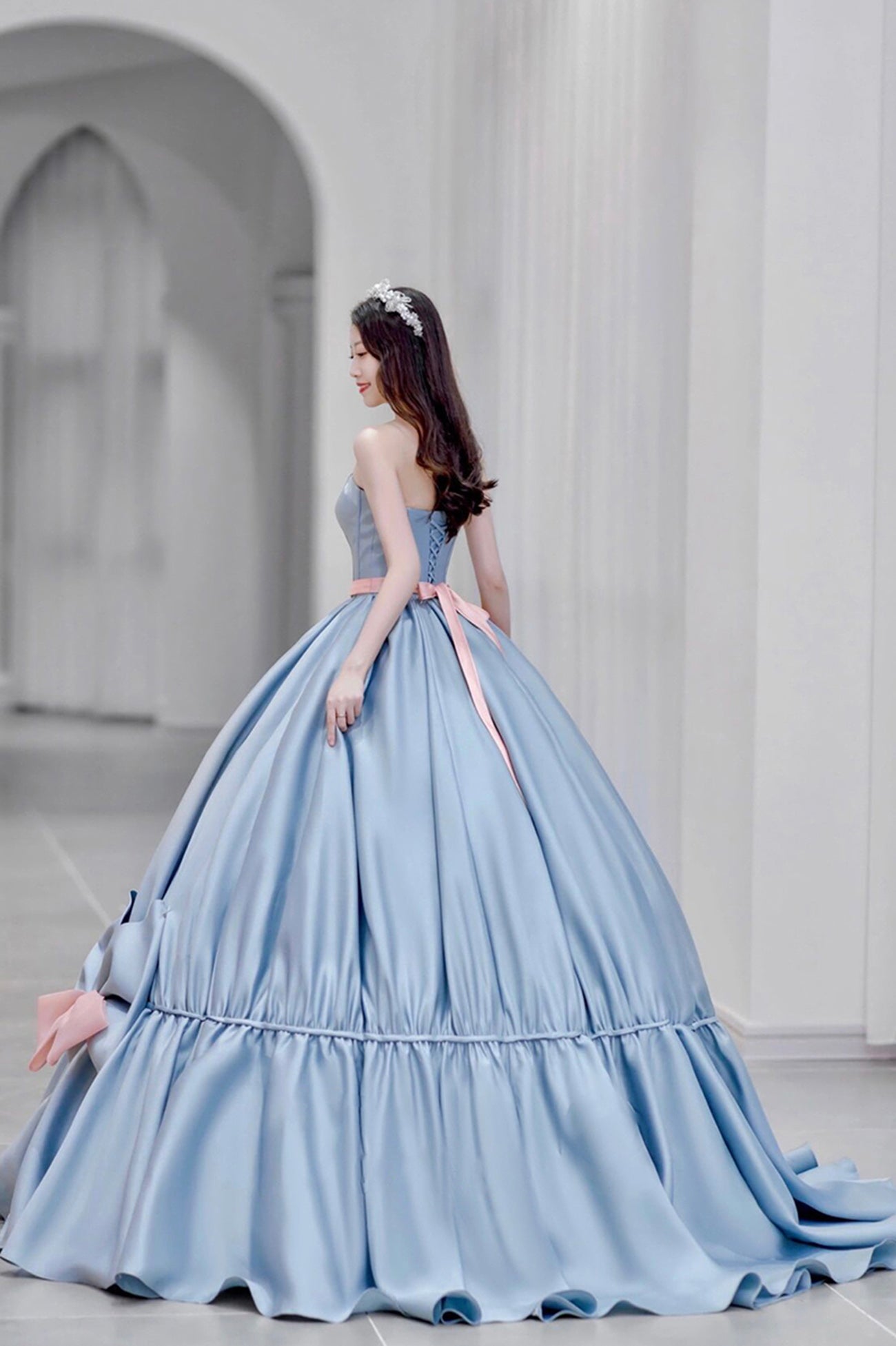 Blue Satin Long Princess Dress, Cute Short Sleeve Ball Gown Sweet 16 D Blue Satin Long Princess Dress, Cute Short Sleeve Ball Gown Sweet 16 D