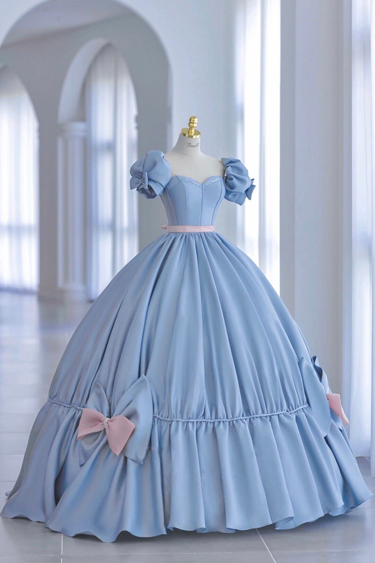 Blue Satin Long Princess Dress, Cute Short Sleeve Ball Gown Sweet 16 D