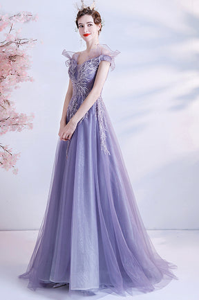Purple Tulle Long A-Line Prom Dress with Sequins, Off the Shoulder Party Dress